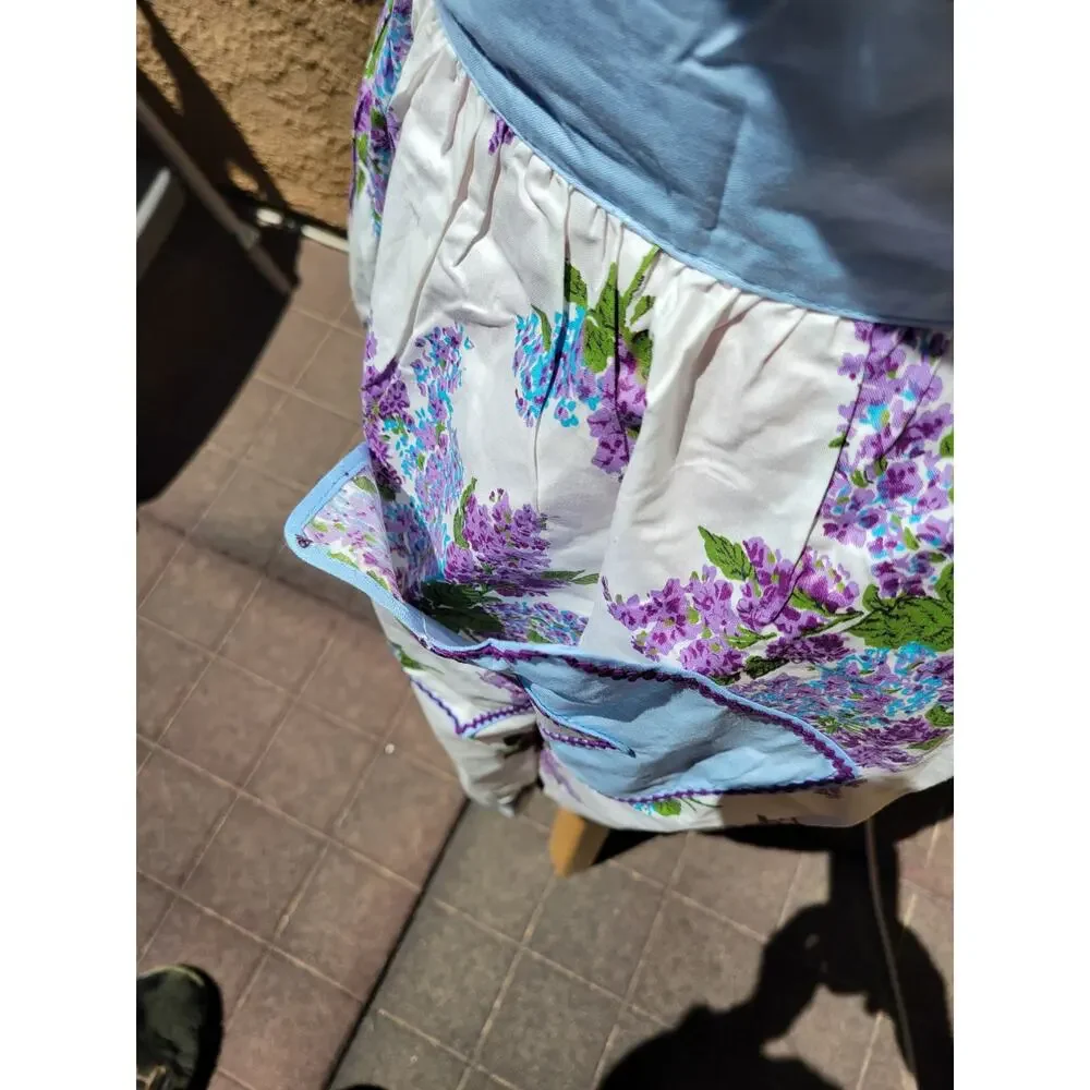 Vintage Half Apron Lilacs 2 Pockets Purple Blue Flowers Retro Sexy MCM Hostess